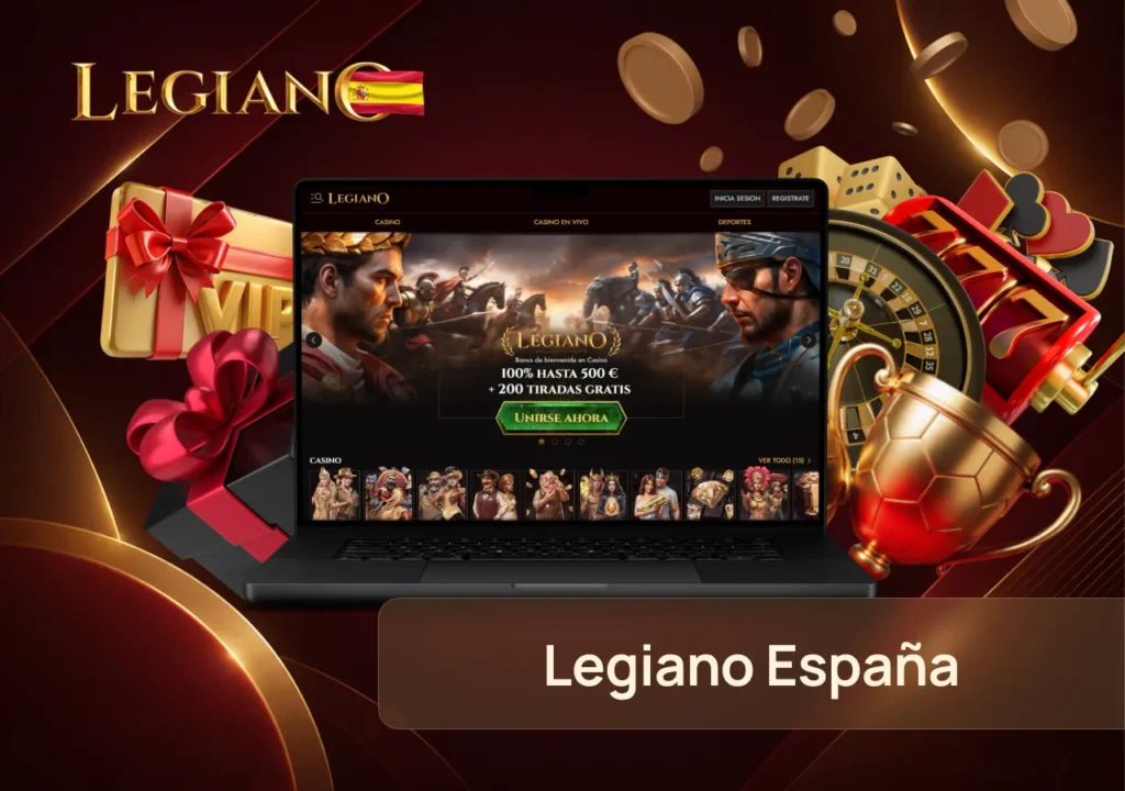Legiano Casino muestra su plataforma de juego online en un portátil con acceso a casino y apuestas.